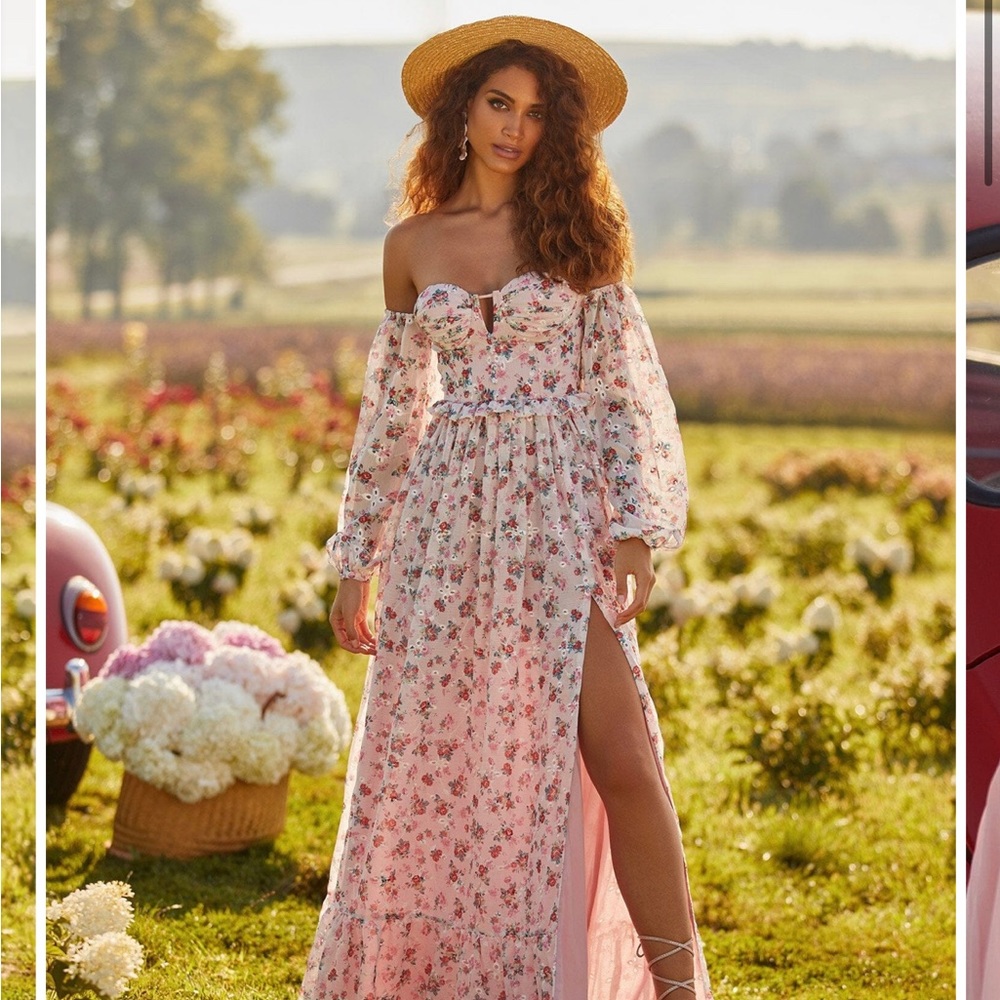 floral fabrication, off-shoulder semi-sheer sleeves, and flowing fit.